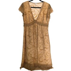 J. Jill Dress Size 10 Lined V-Neck Cap Sleeves Ruffles Gold Silk Sheer Lined